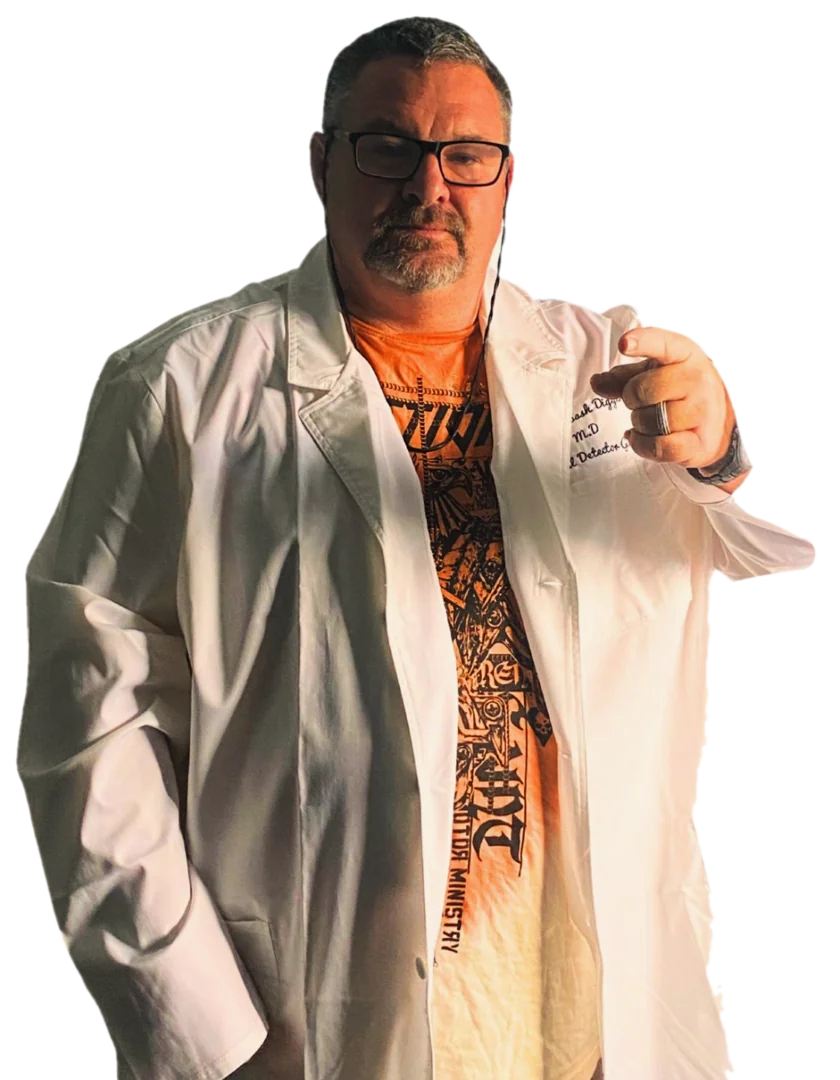 Calabash Digger in a lab coat, pointing at the camera
